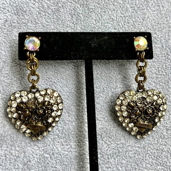 Betsey Johnson AB Crystal Bronze Rhinestone Heart Statement Drop Post Earrings - Picture 1 of 5